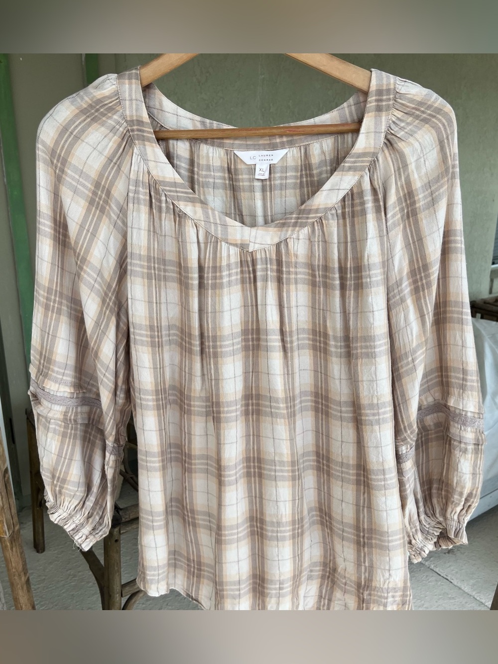 Pink plaid puff sleeve boho blouse